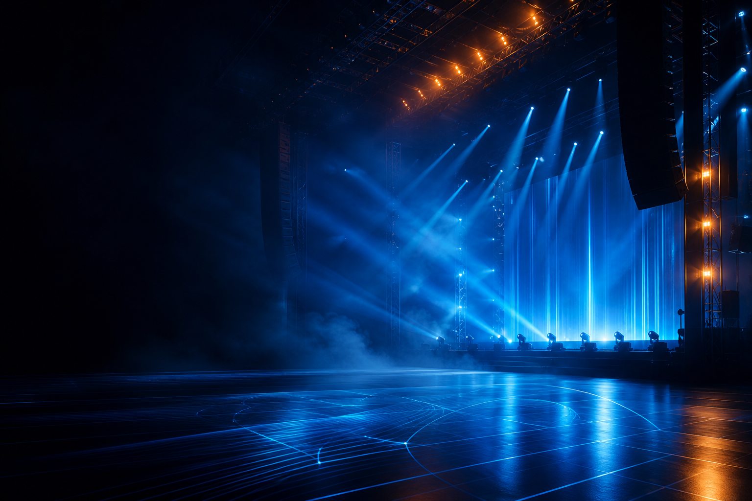 Escenario iluminado durante una producción de Sound Round Productions.